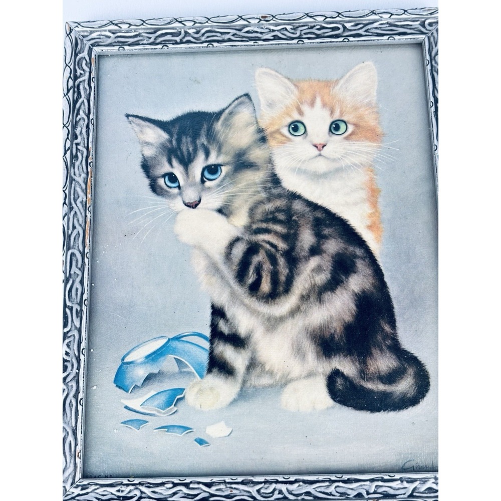 Oops! The Kittens Broke the Vase - Framed Vintage Lithiograph Litho Girard